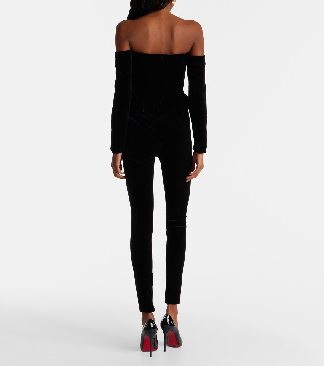 Bow-detail ruffled off-shoulder velvet jumpsuit | Alessandra Rich