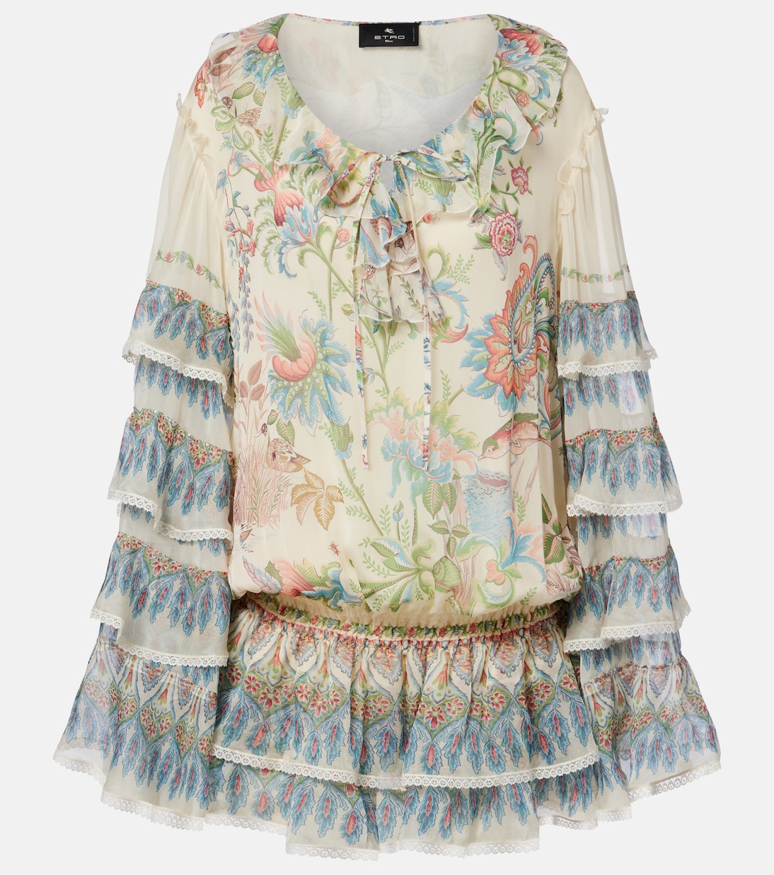 Printed ruffled lace-trimmed silk minidress | Etro