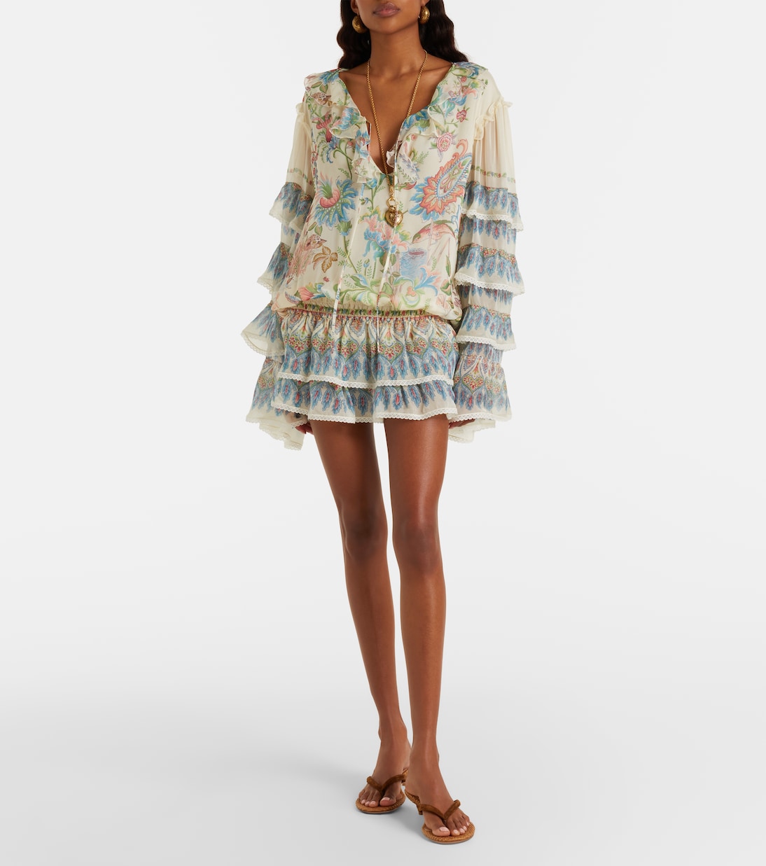 Printed ruffled lace-trimmed silk minidress | Etro