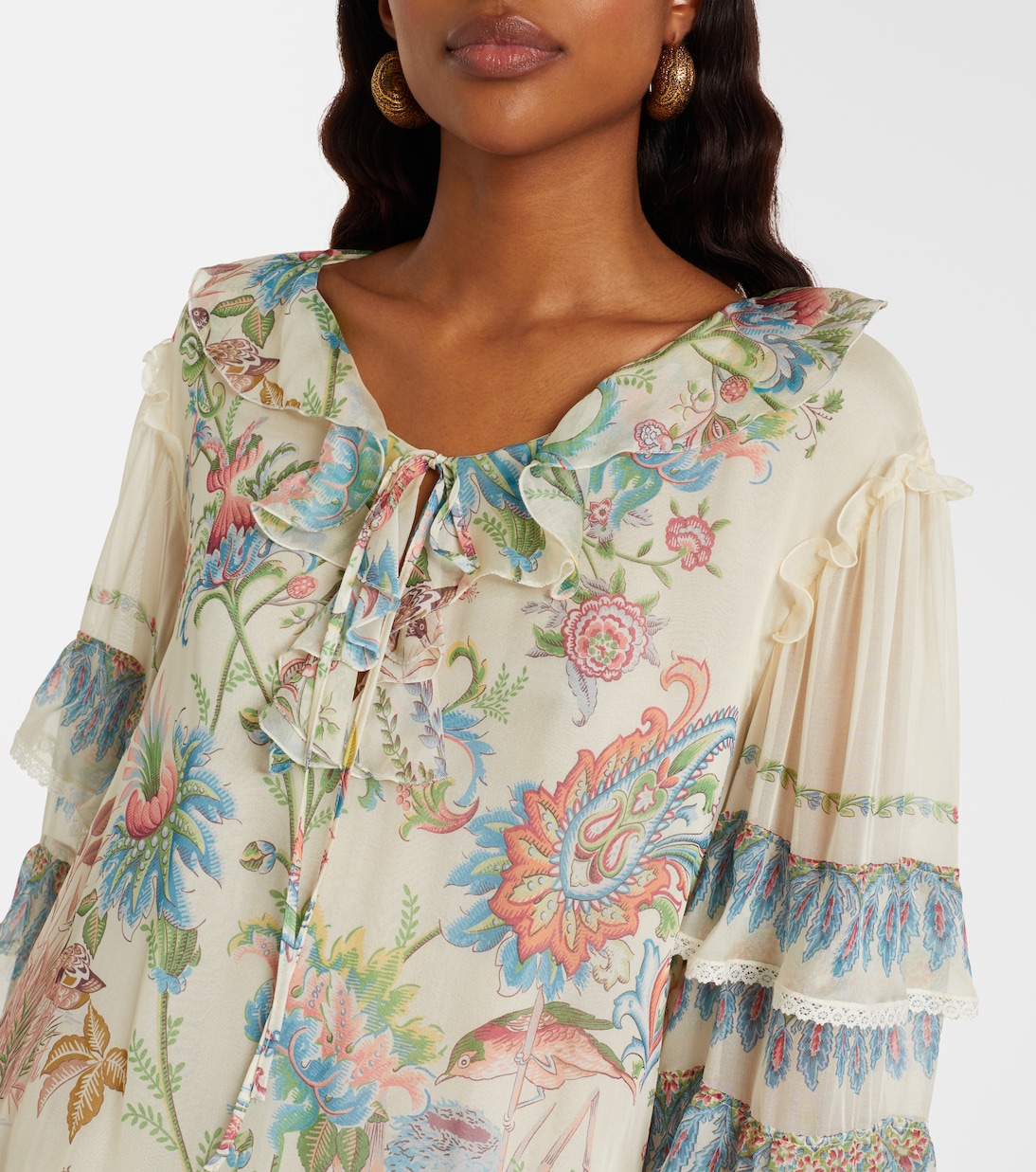 Printed ruffled lace-trimmed silk minidress | Etro