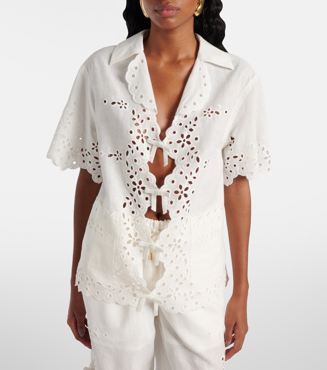 Embroidered cutout linen and cotton top | Self-Portrait