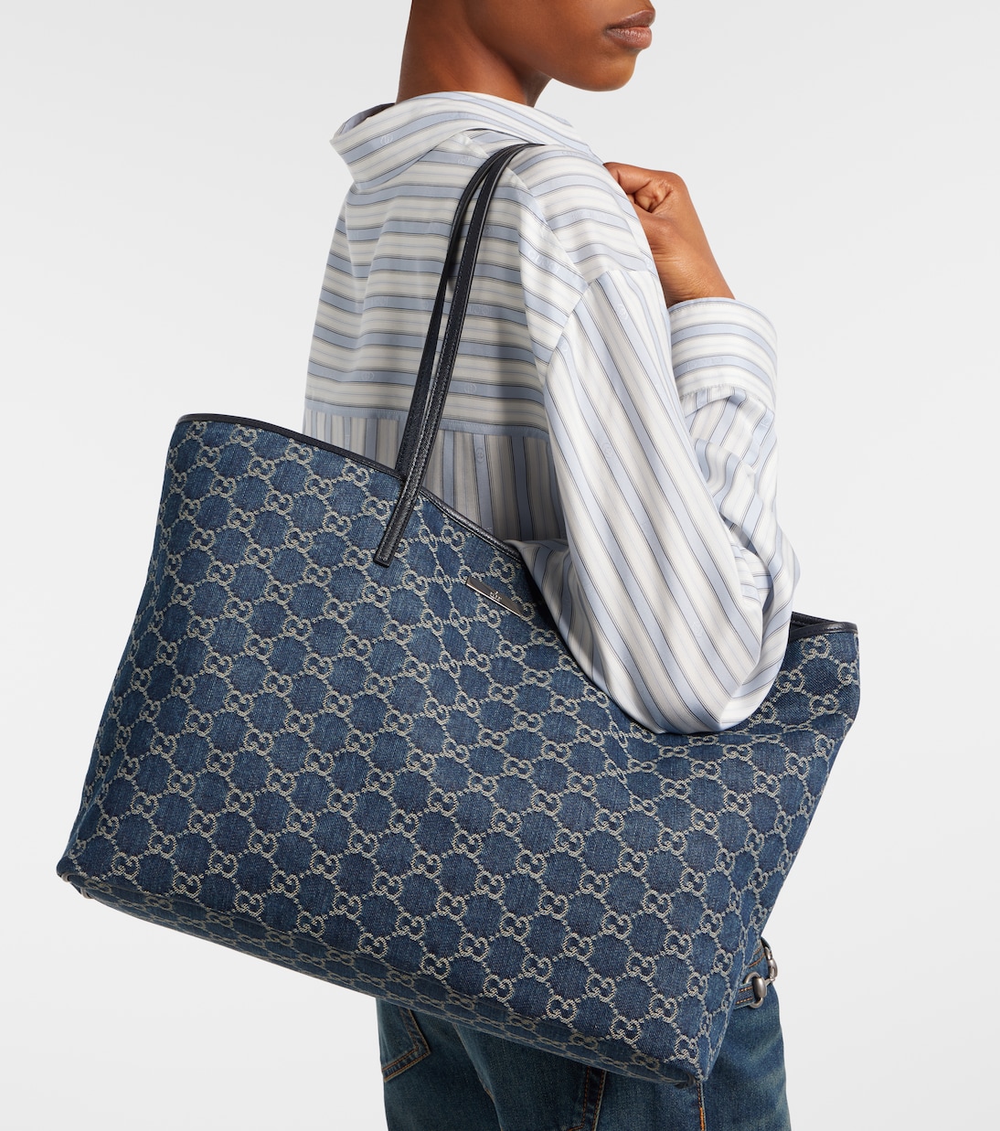 Essence Large leather-trimmed denim tote bag | Gucci
