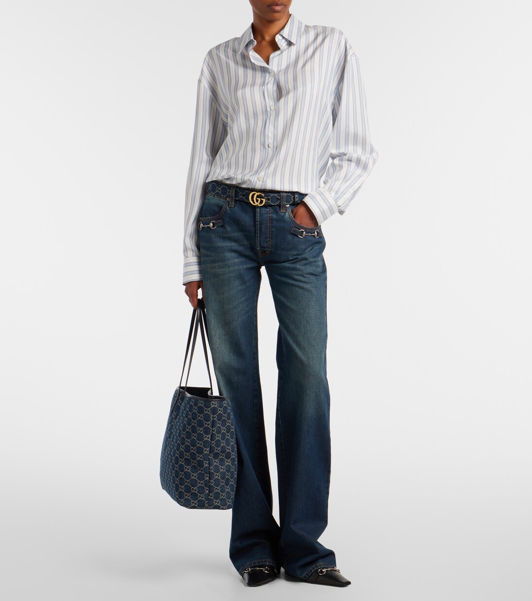 Essence Large leather-trimmed denim tote bag | Gucci