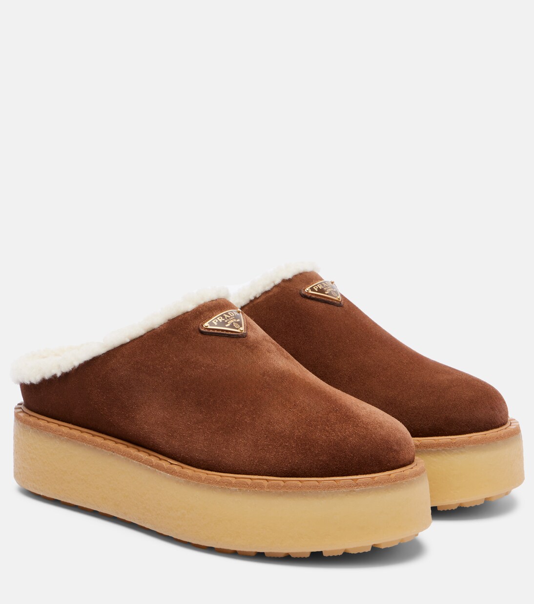 Evolve shearling-trimmed suede platform mules | Prada