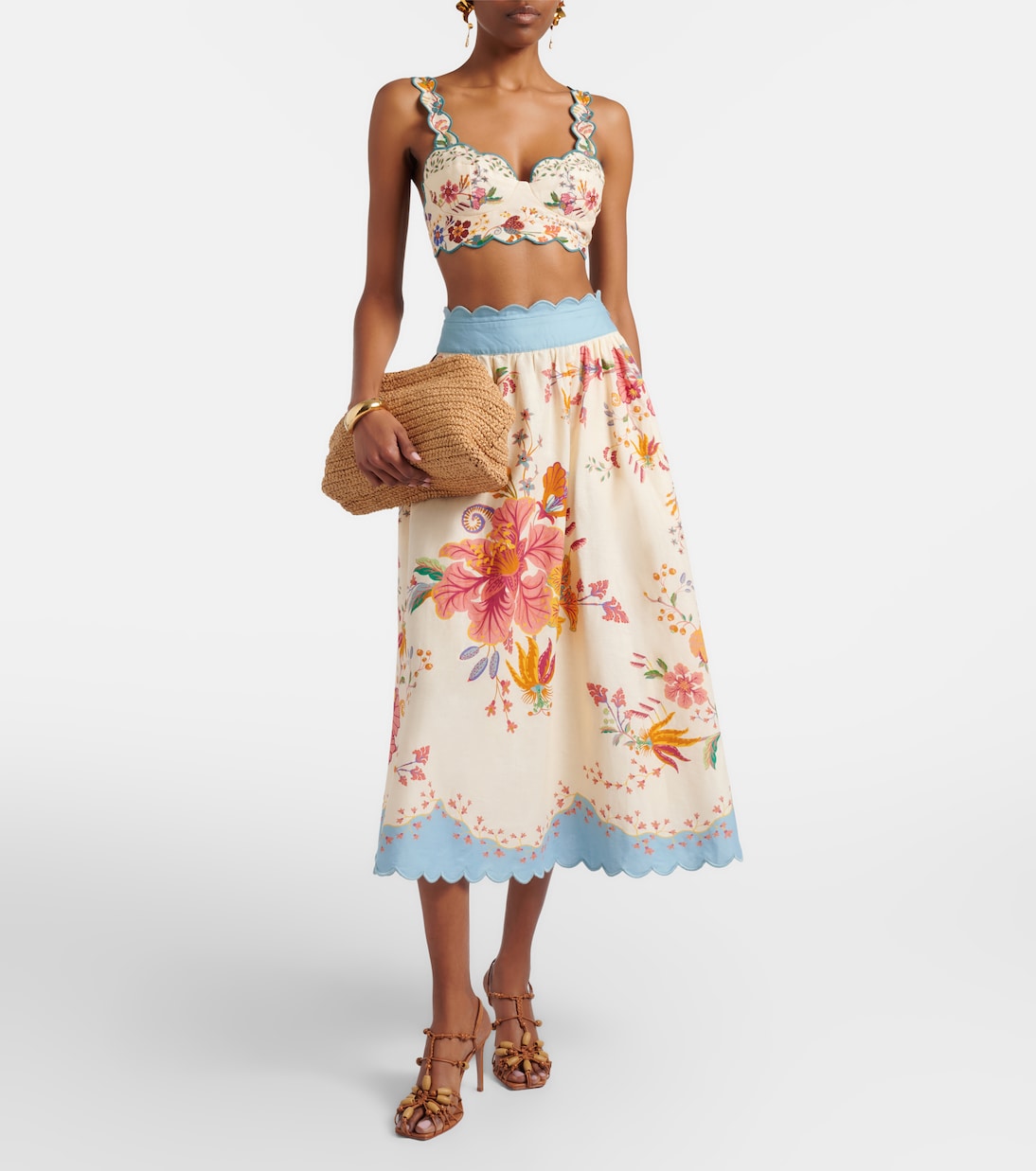 Floral Scarves linen-blend midi skirt | Farm Rio