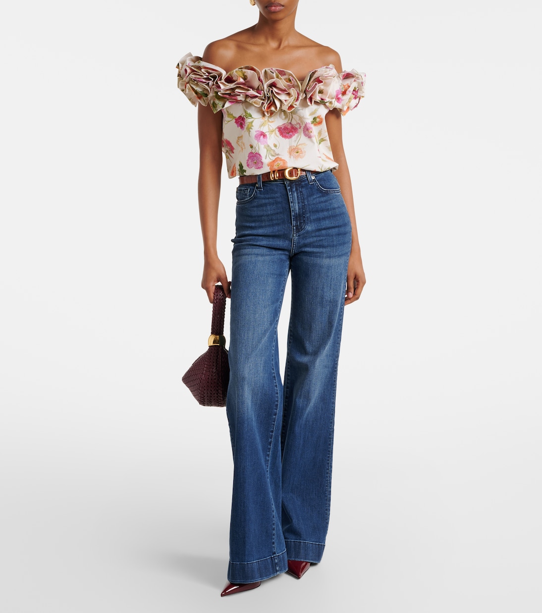 Floral-appliqué off-shoulder cotton-blend top | Carolina Herrera
