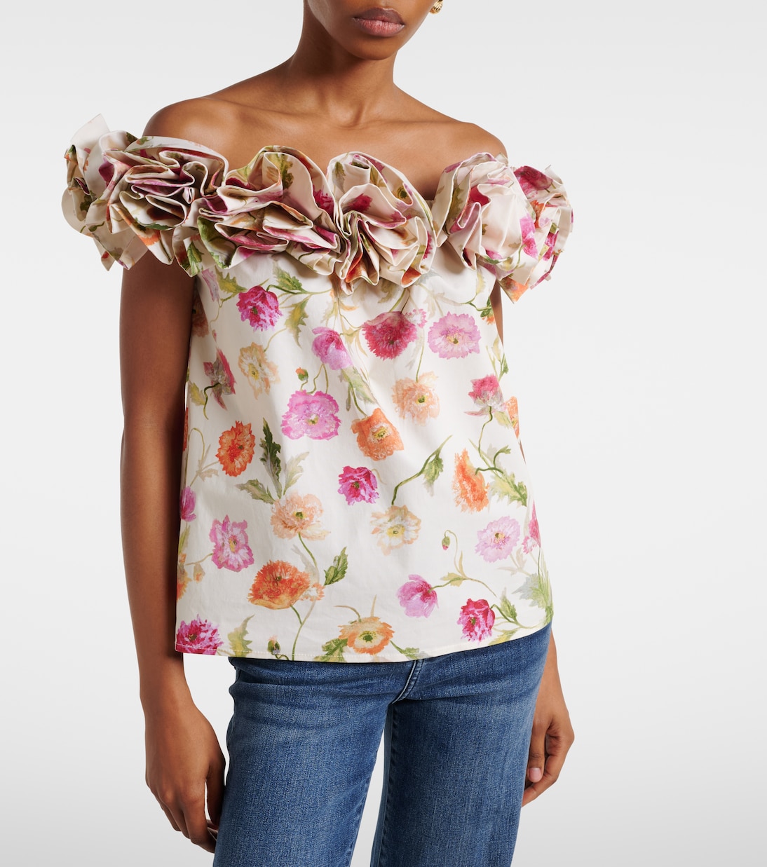 Floral-appliqué off-shoulder cotton-blend top | Carolina Herrera