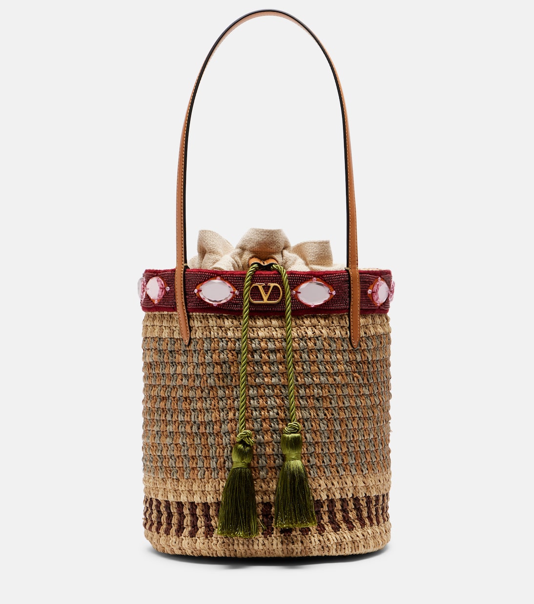 VLogo Large embellished raffia bucket bag | Valentino Garavani
