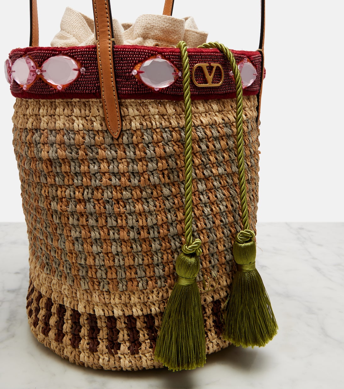 VLogo Large embellished raffia bucket bag | Valentino Garavani