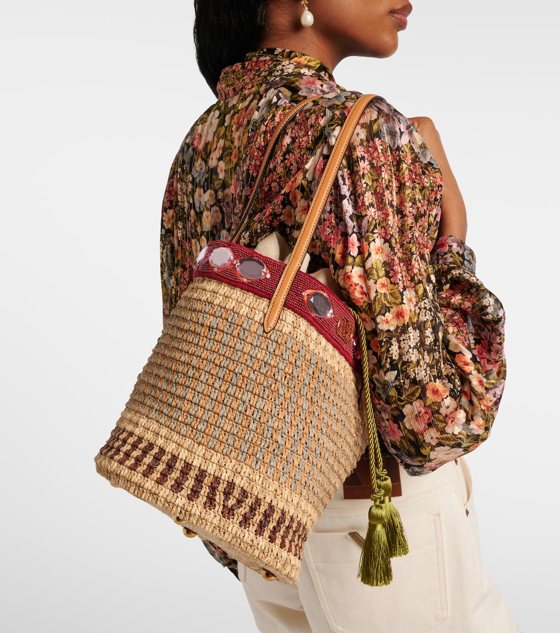 VLogo Large embellished raffia bucket bag | Valentino Garavani