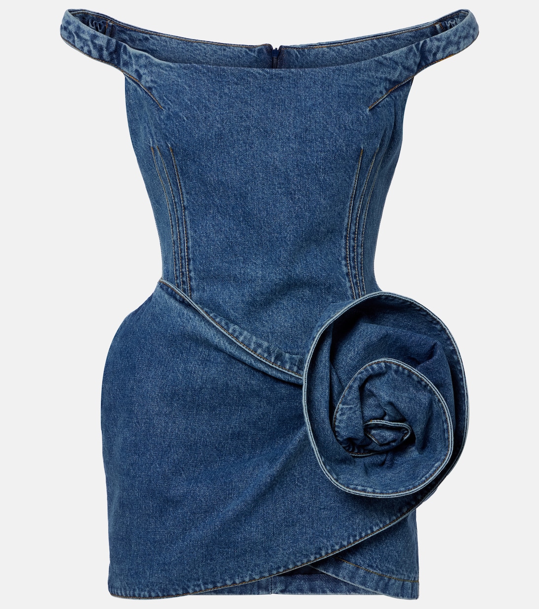 Robe en denim à épaules dénudées et appliqués floraux | Magda Butrym