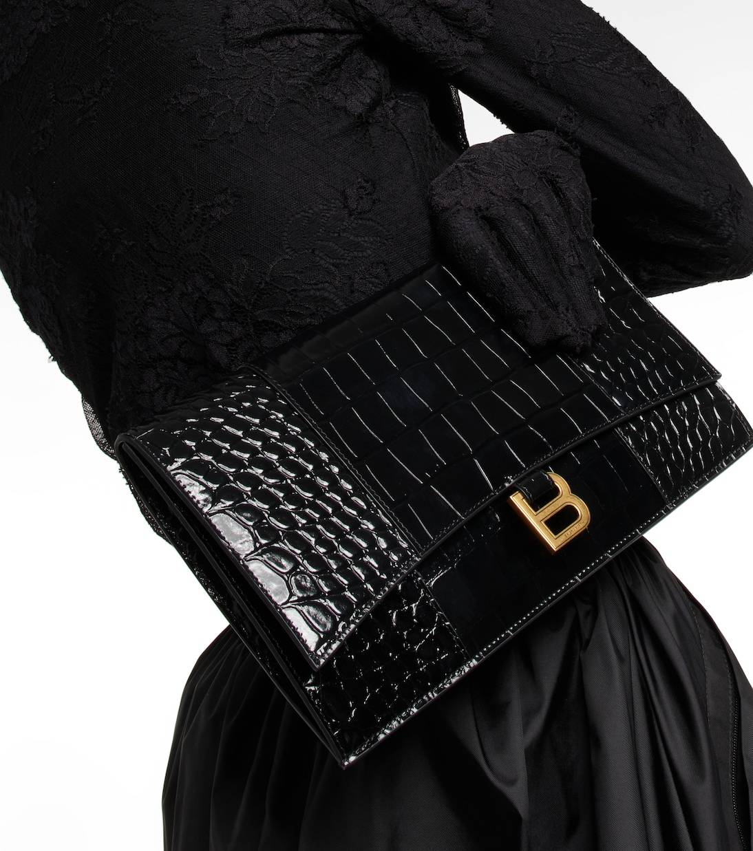 Hourglass Small croc-effect leather clutch | Balenciaga