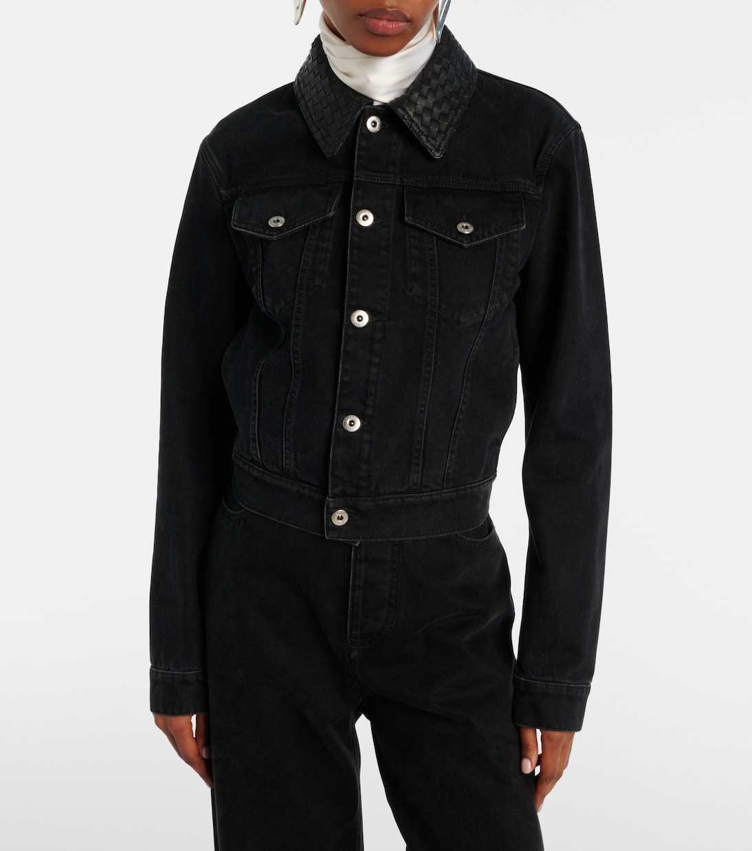 Intrecciato leather-trimmed denim jacket | Bottega Veneta