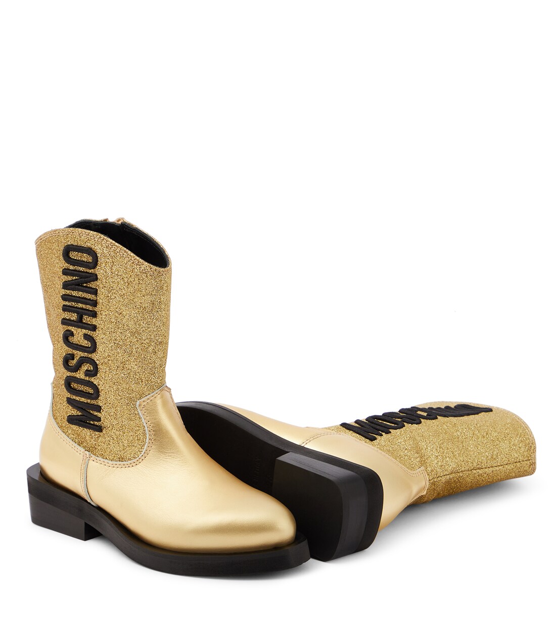Logo glitter leather cowboy boots | Moschino Kids