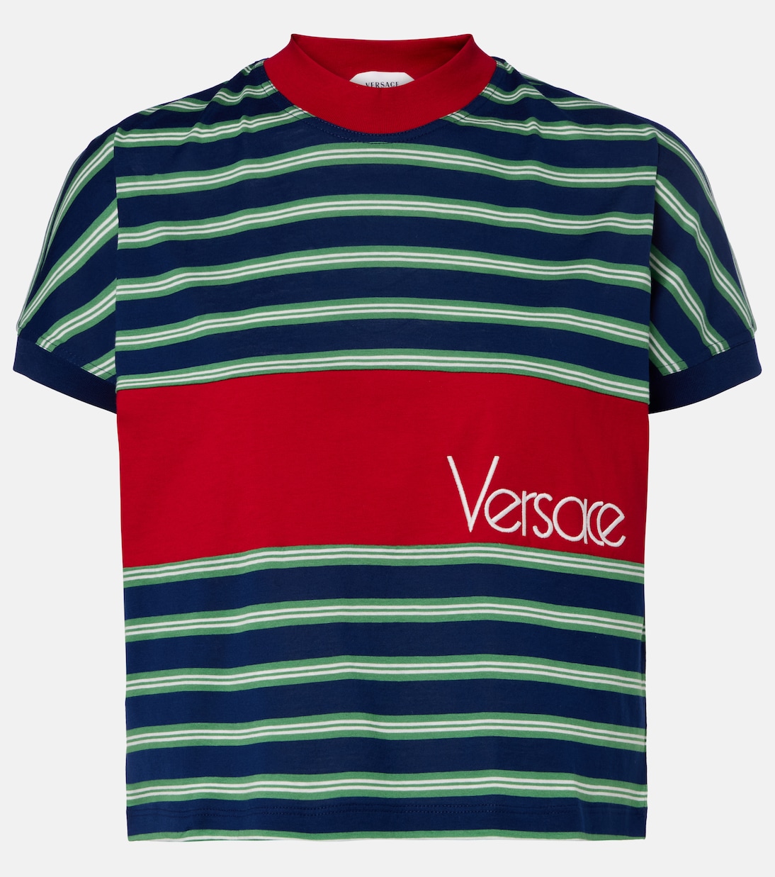 Logo embroidered striped cotton T-Shirt | Versace