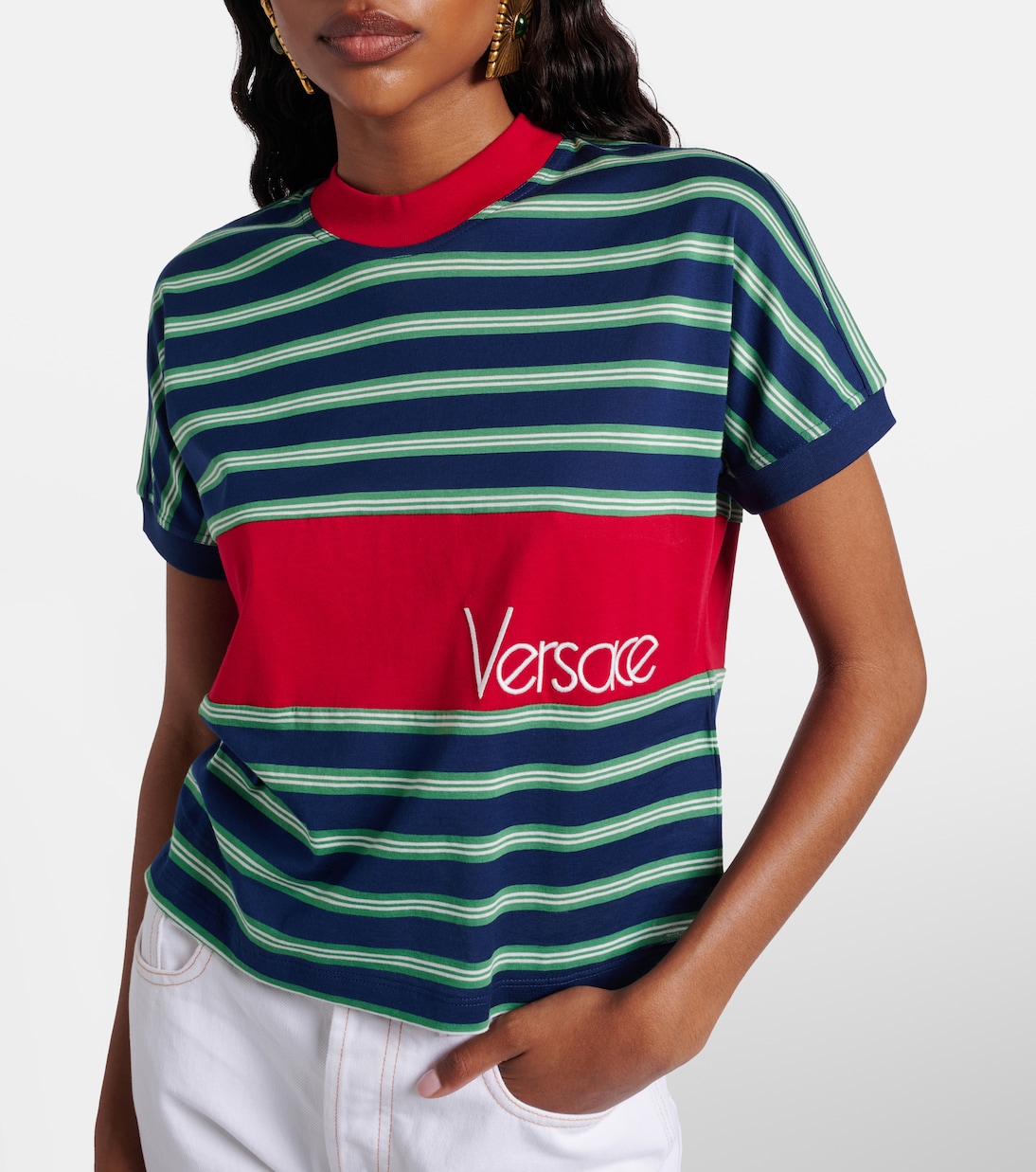 Logo embroidered striped cotton T-Shirt | Versace