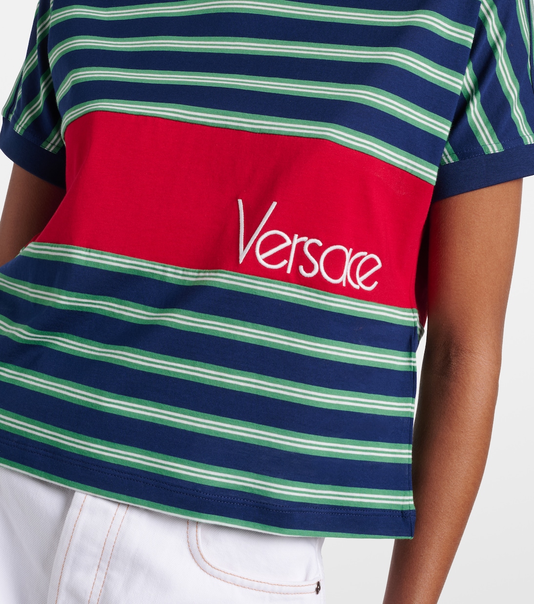 Logo embroidered striped cotton T-Shirt | Versace