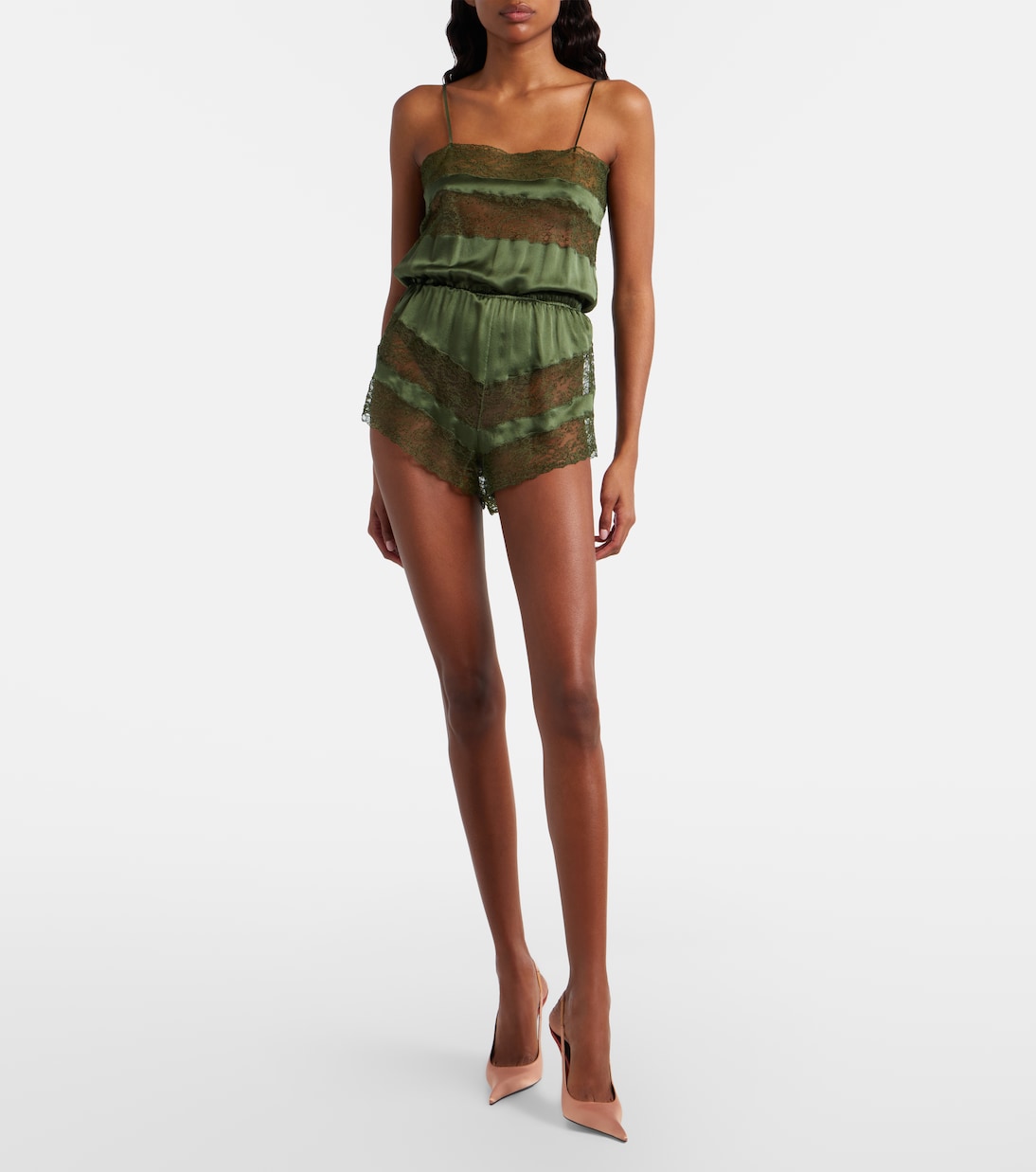 Jumpsuit corta in raso di seta con pizzo | Saint Laurent