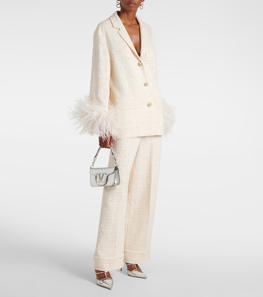 Pantaloni a gamba larga in misto cotone con paillette | Valentino