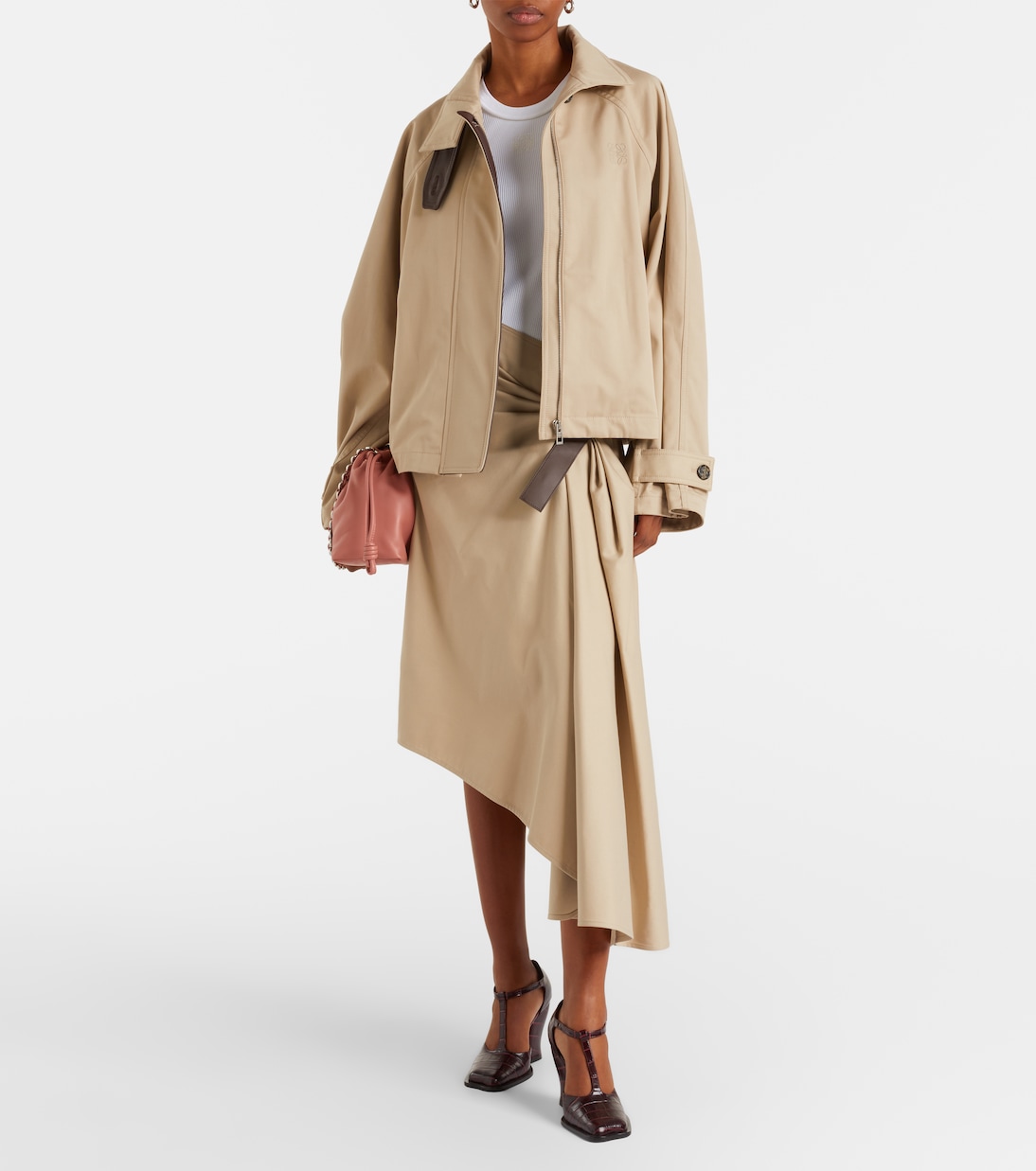 Leather-trimmed cotton and silk midi skirt | Loewe