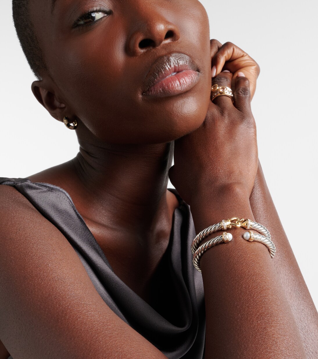 Cable Flex® sterling silver and 14kt gold cuff bracelet with diamonds and pearls | David Yurman
