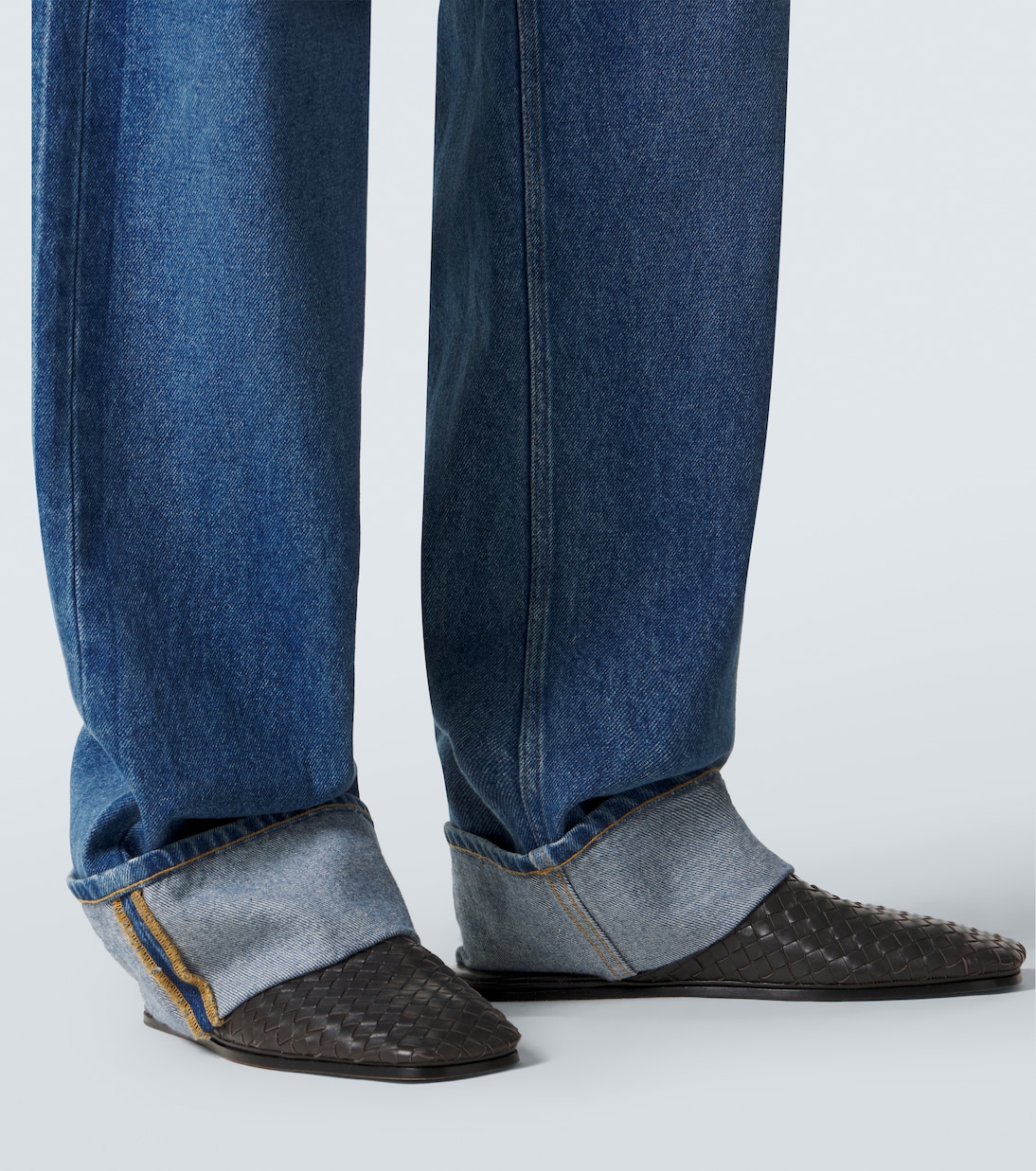Leather-trimmed wide-leg jeans | Bottega Veneta