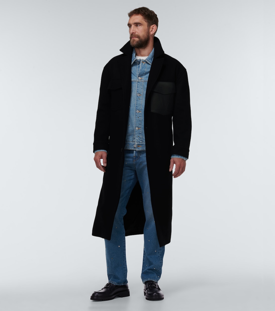 Leather-trimmed wool overcoat | Valentino