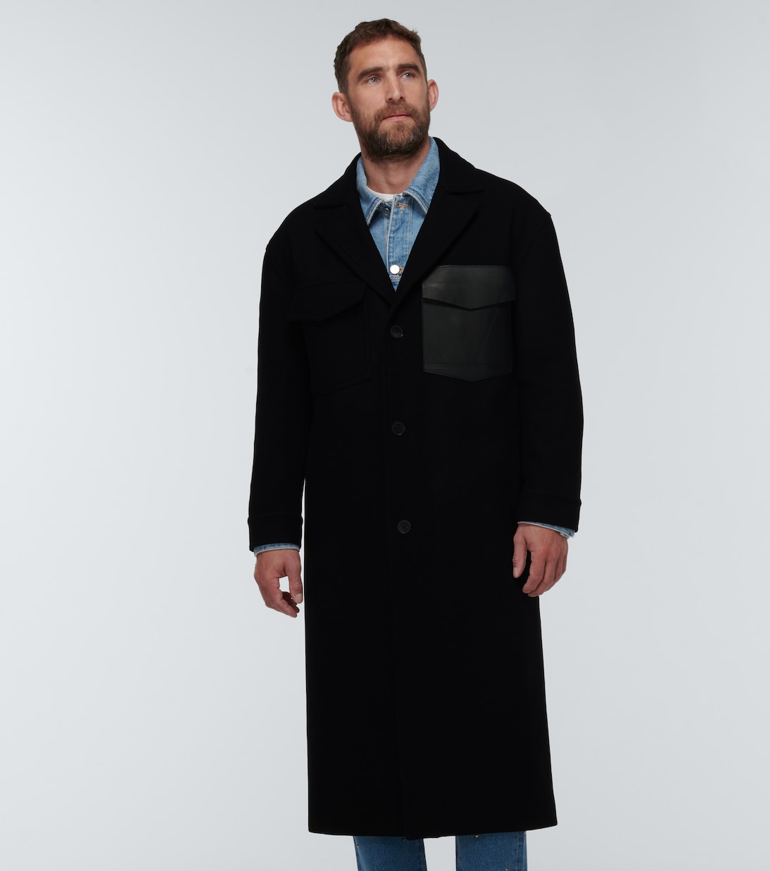 Leather-trimmed wool overcoat | Valentino