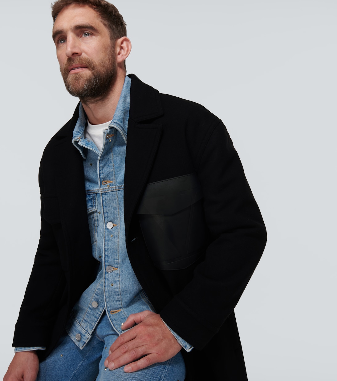 Leather-trimmed wool overcoat | Valentino