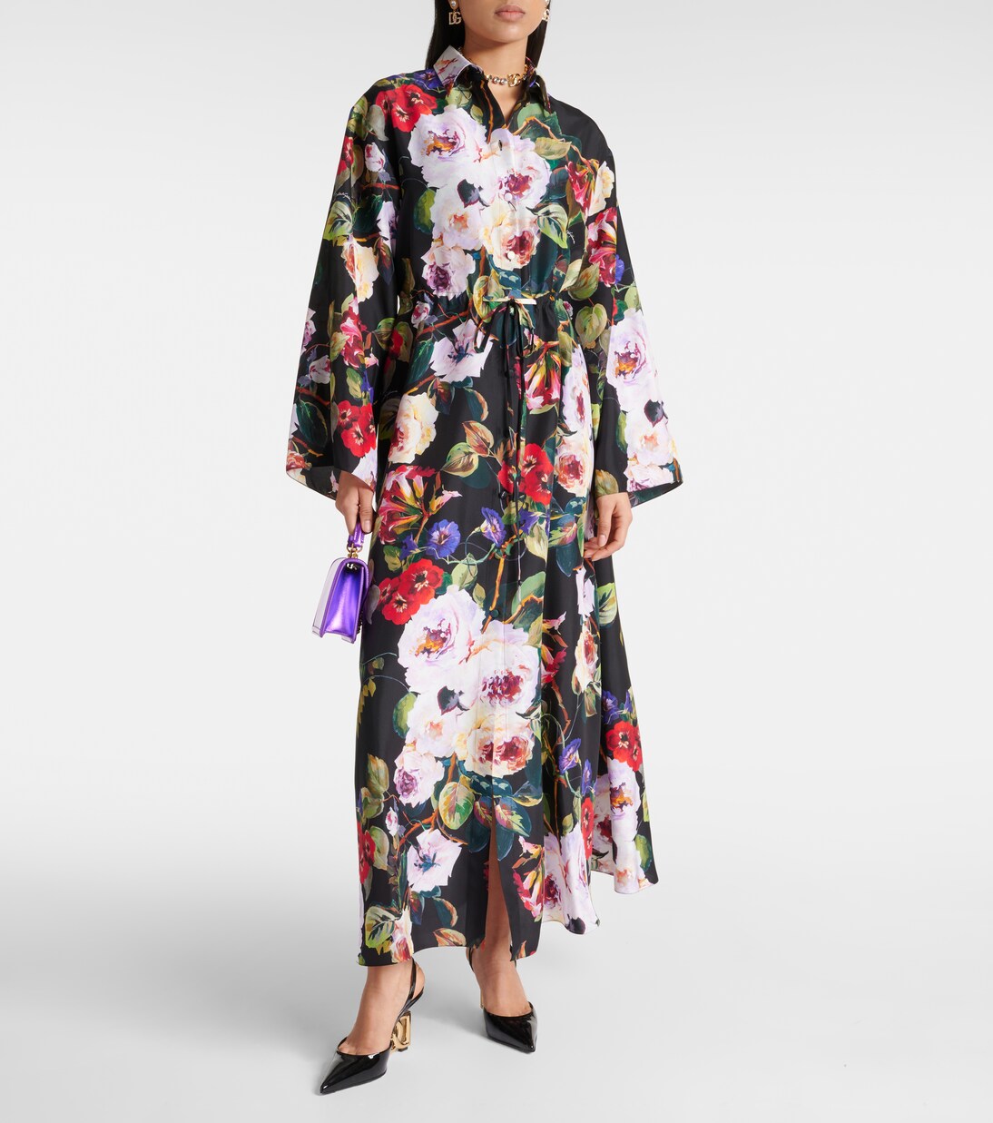 Robe chemise en satin de soie à fleurs | Dolce&Gabbana