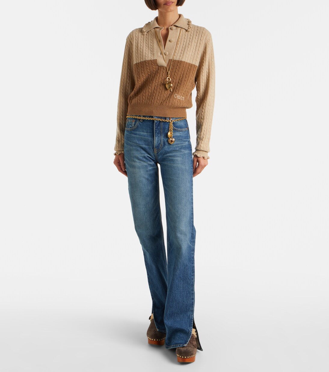 Mules compensées Jeannette en daim et shearling | Chloé