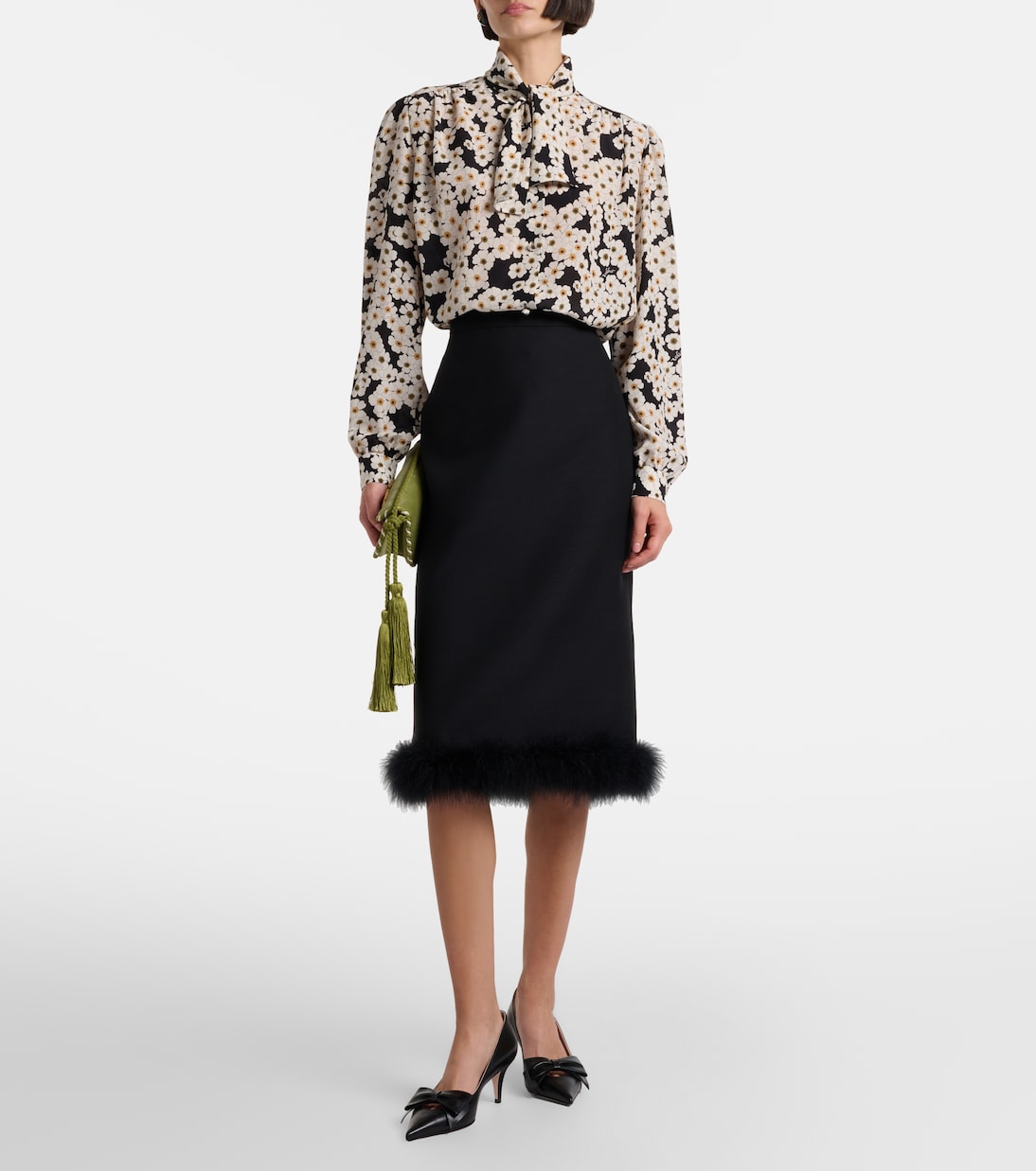 Crepe Couture feather-trimmed midi skirt | Valentino