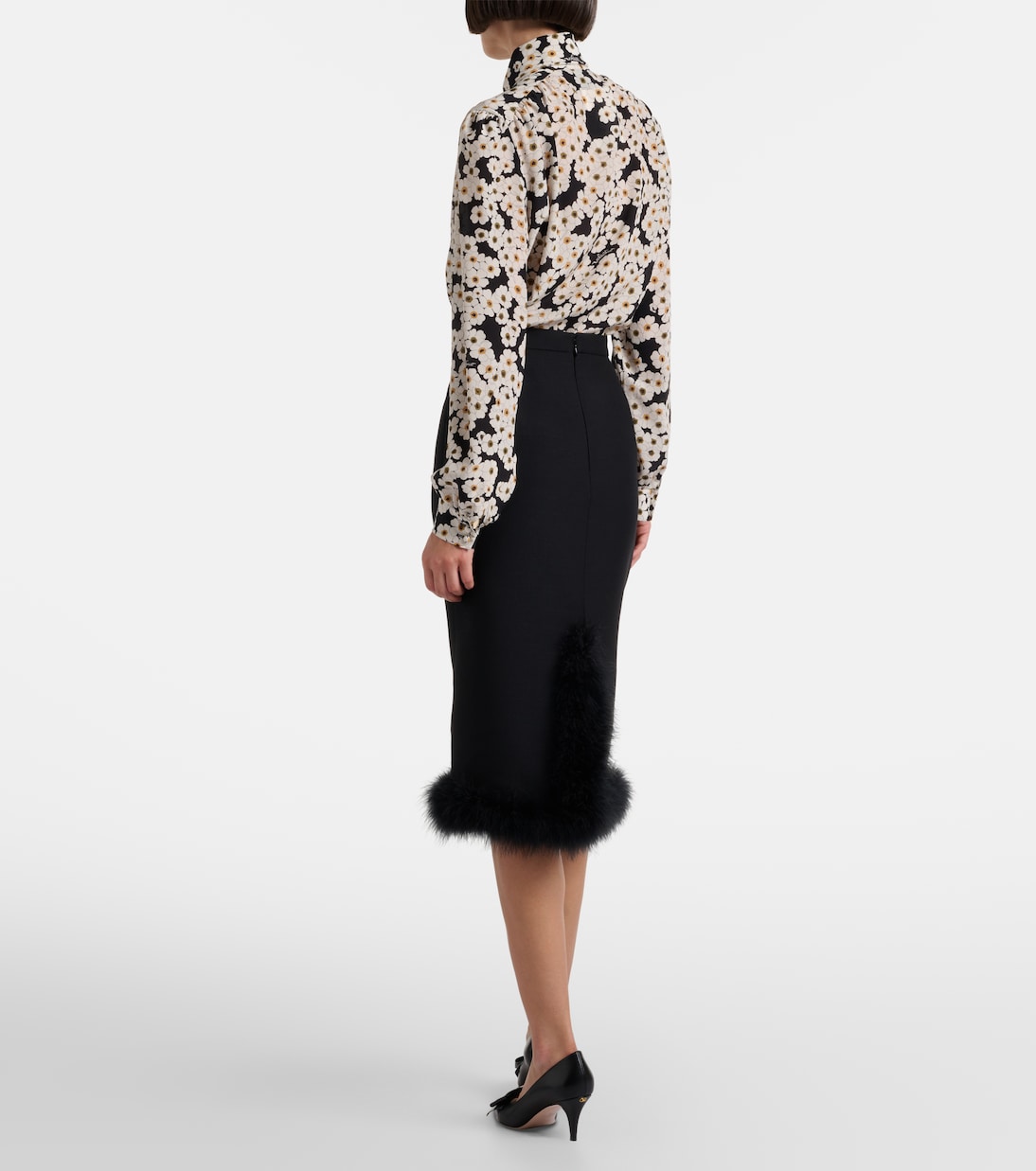 Crepe Couture feather-trimmed midi skirt | Valentino