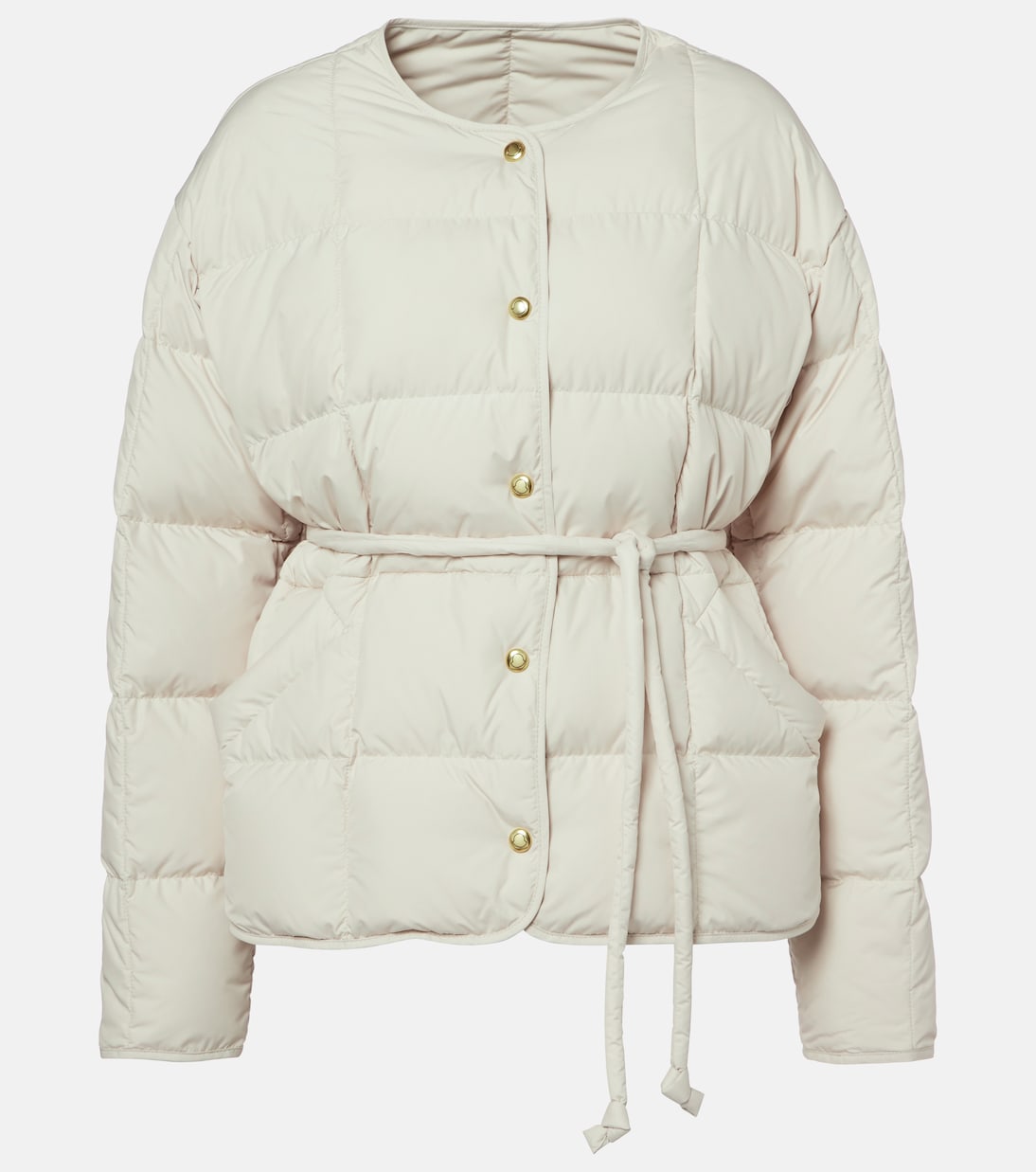 Belted leather-trimmed down jacket | Moncler