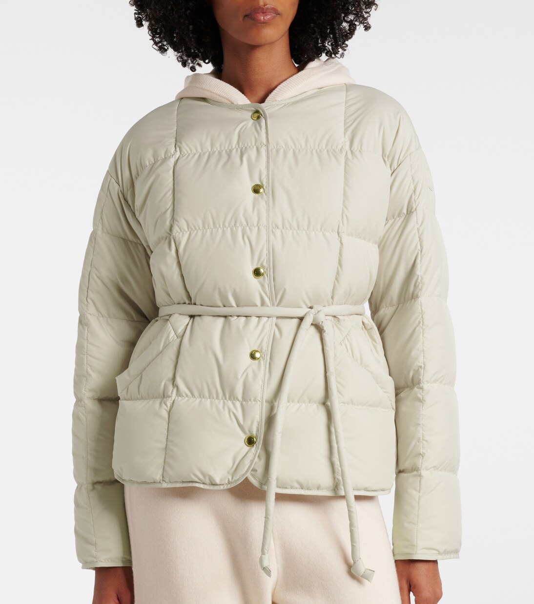 Belted leather-trimmed down jacket | Moncler
