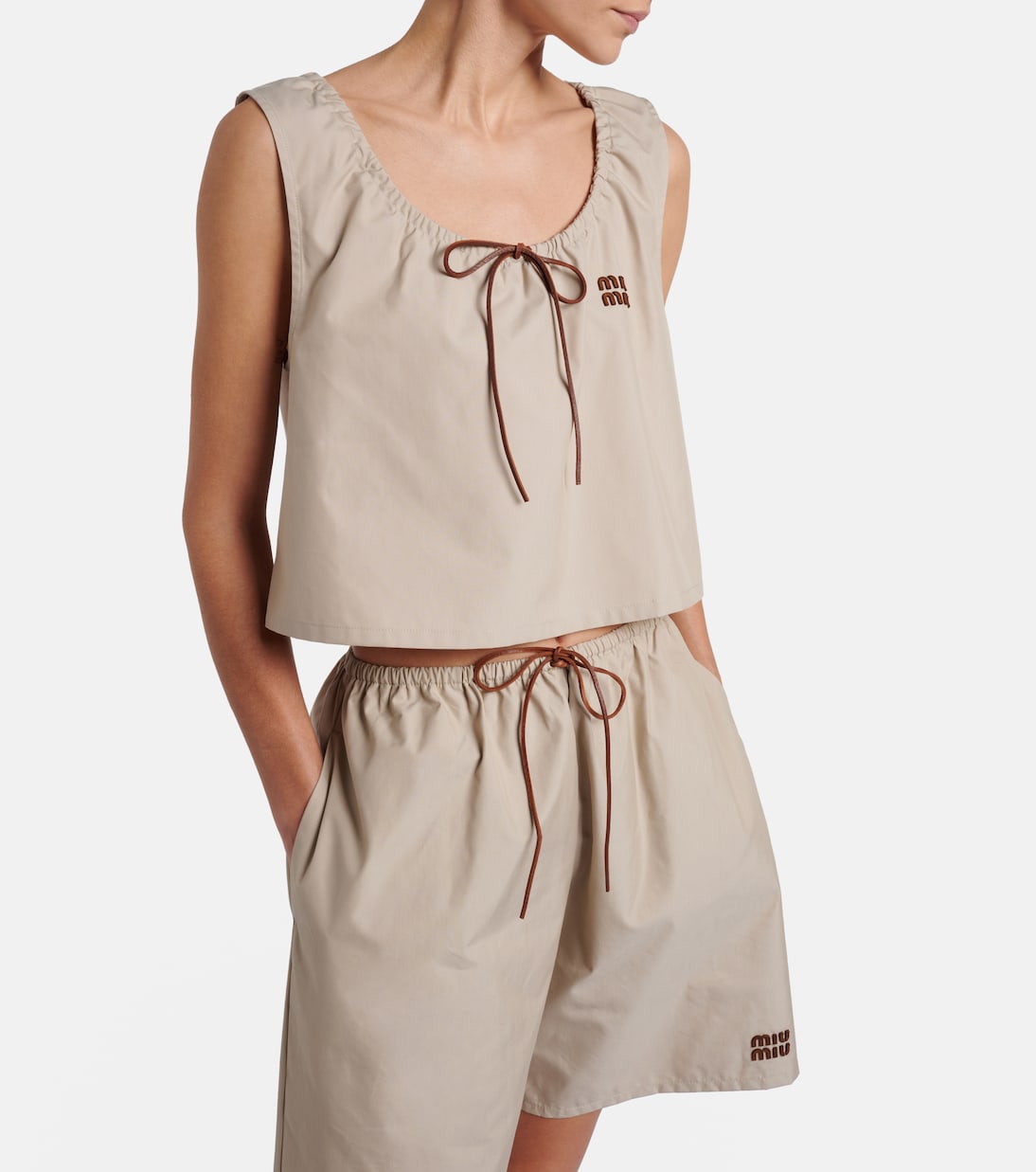 Leather-trimmed cotton-blend crop top | Miu Miu