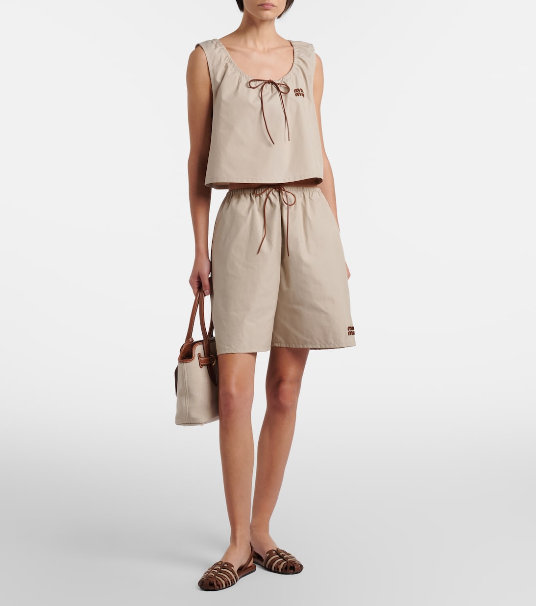 Leather-trimmed cotton-blend crop top | Miu Miu