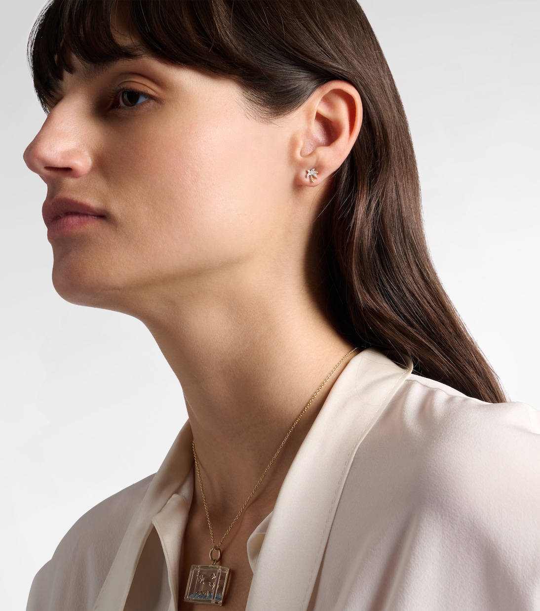 Set aus einzelnem Ohrring Palmier aus 9kt Gelbgold und Diamanten und Anhänger Le Cubo mit Türkis | Yvonne Léon