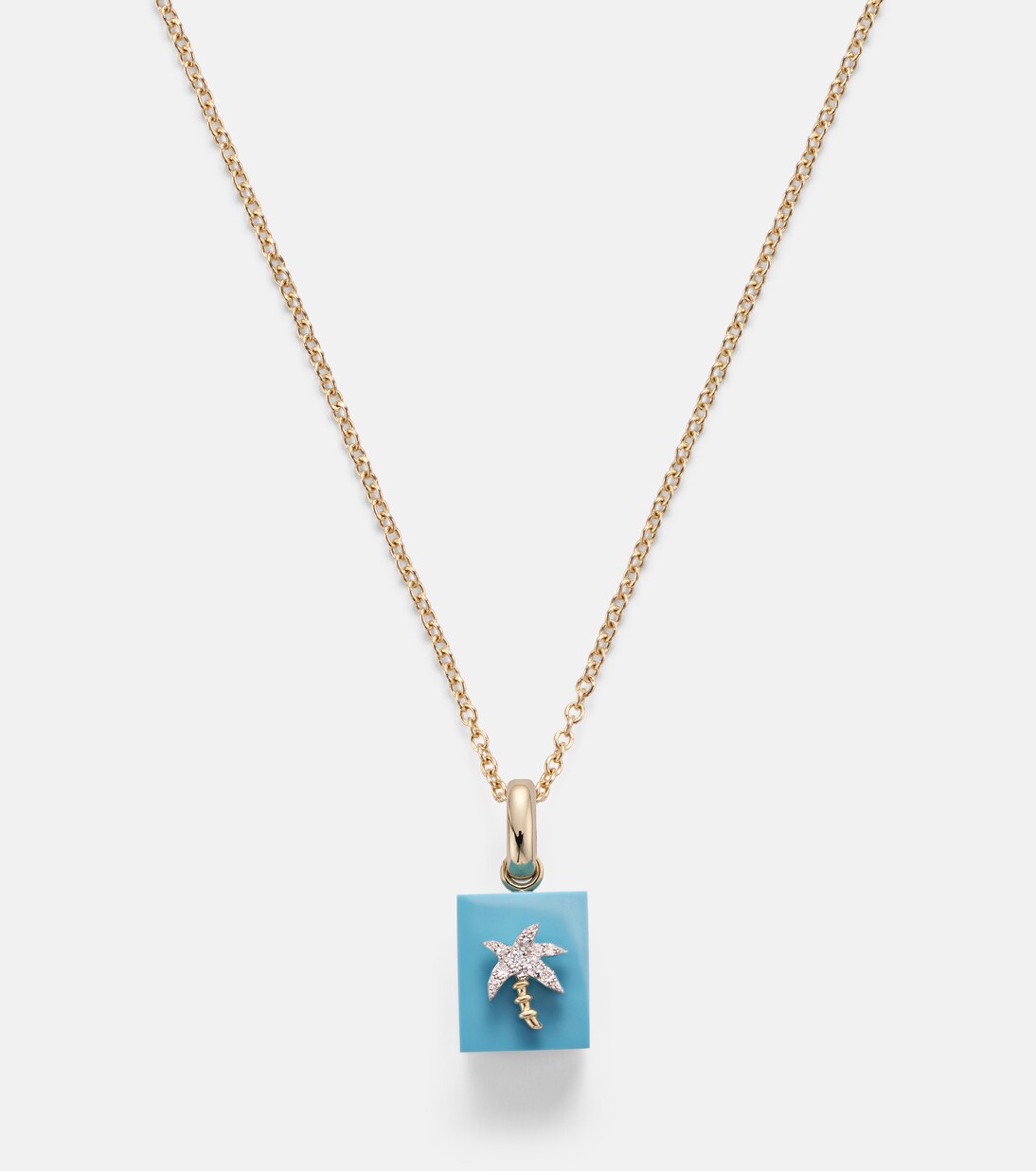 Set aus einzelnem Ohrring Palmier aus 9kt Gelbgold und Diamanten und Anhänger Le Cubo mit Türkis | Yvonne Léon