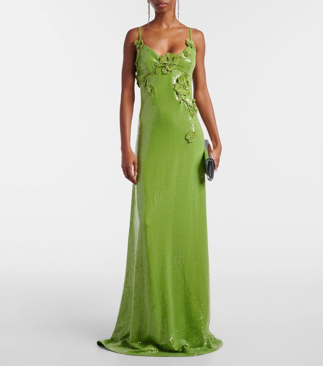 Floral-appliqué sequined jersey gown | Oscar de la Renta