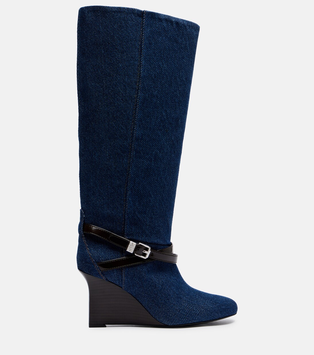 Kat denim knee-high wedge boots | Ganni