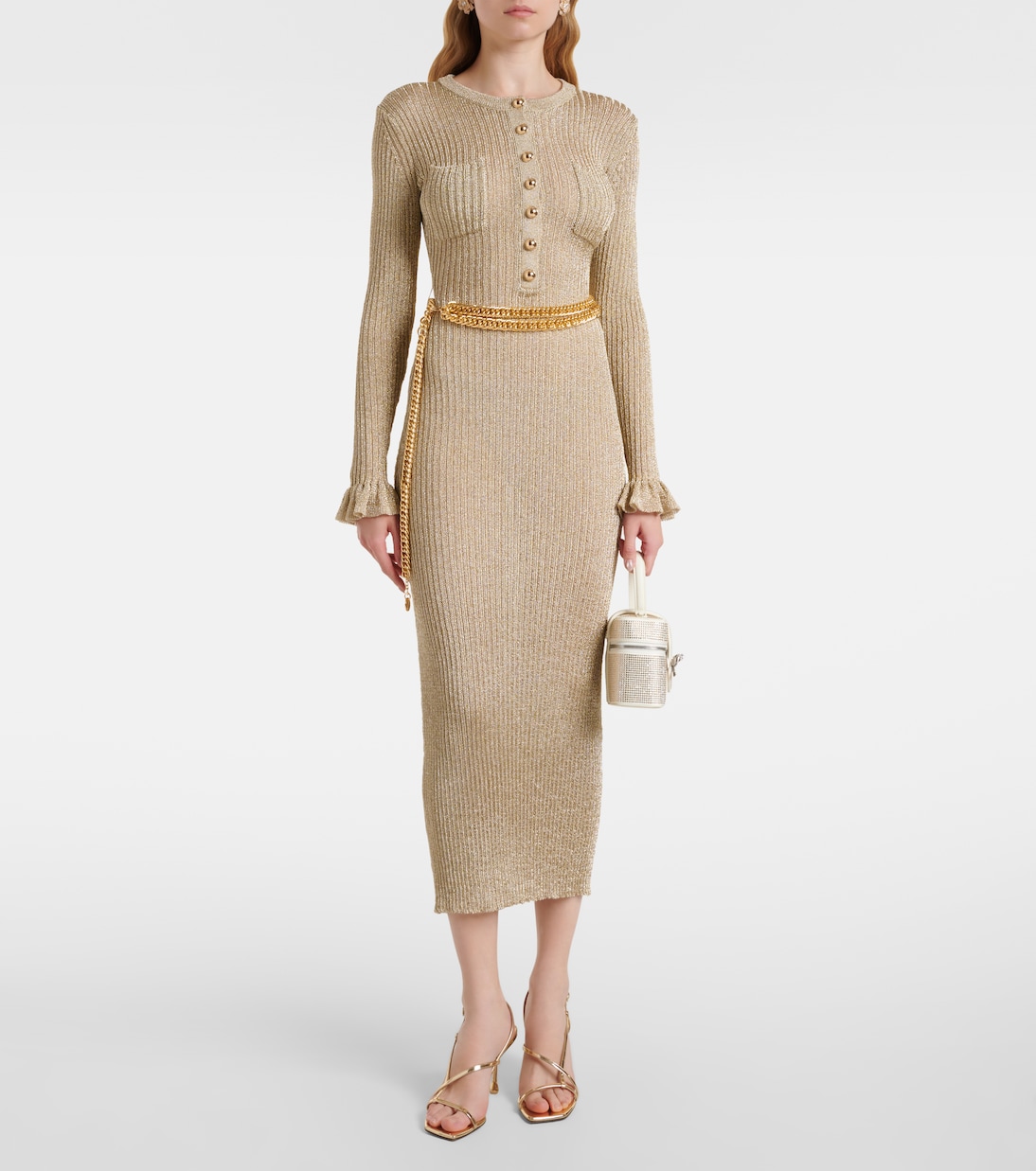 Ribbed-knit lamé midi dress | Self-Portrait
