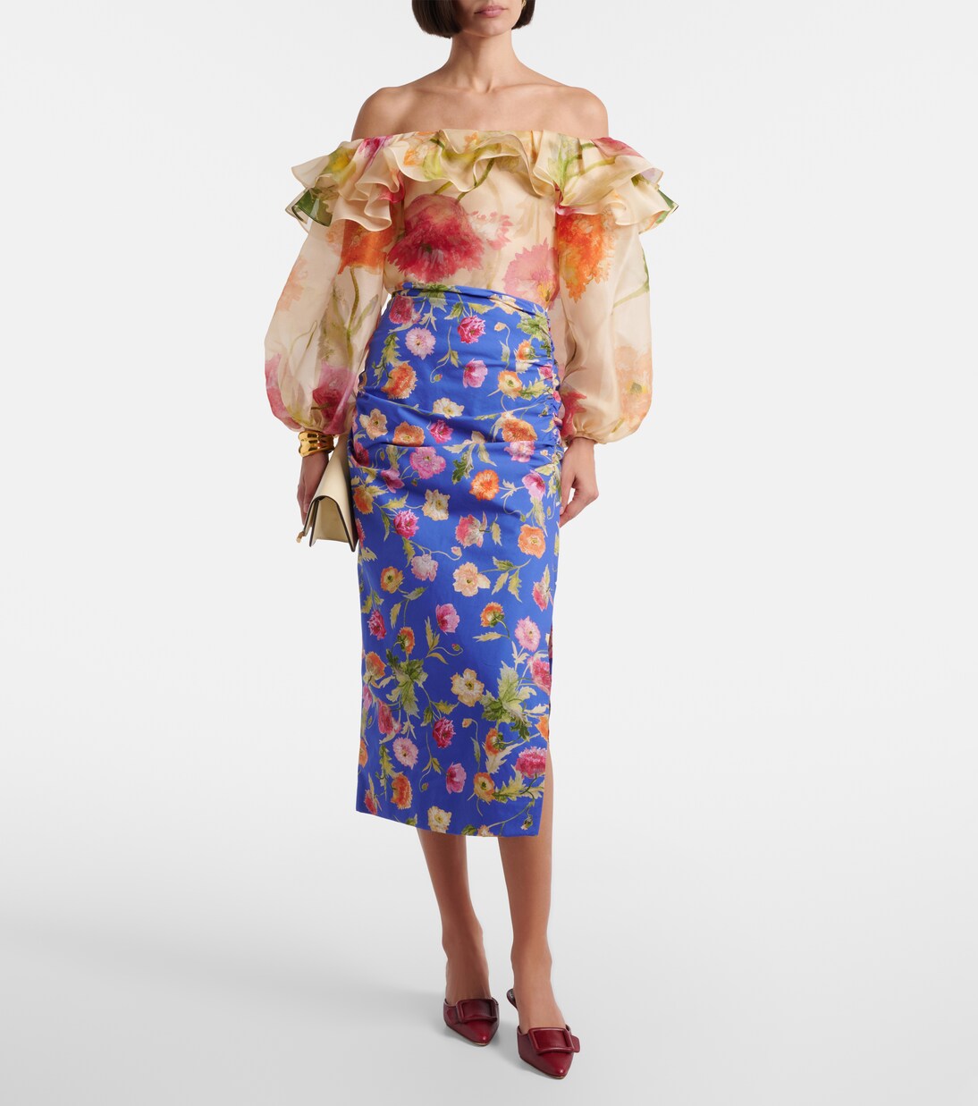 Floral ruched cotton-blend midi skirt | Carolina Herrera