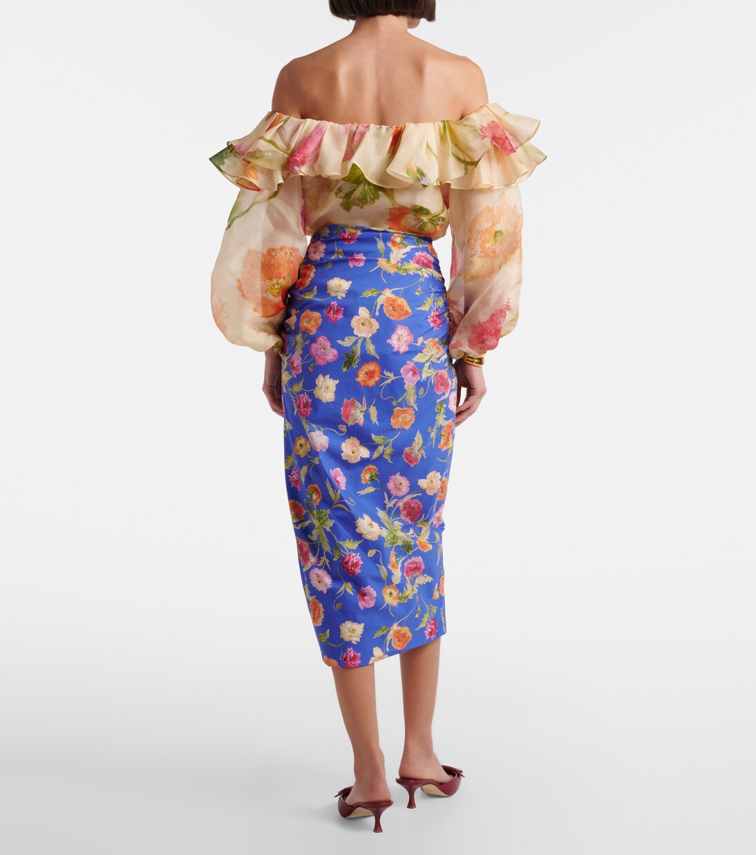 Floral ruched cotton-blend midi skirt | Carolina Herrera