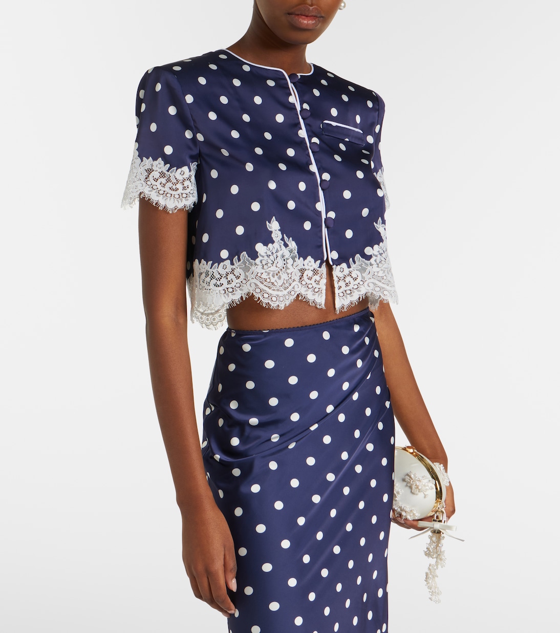 Lace-trimmed polka-dot satin crop top | Self-Portrait