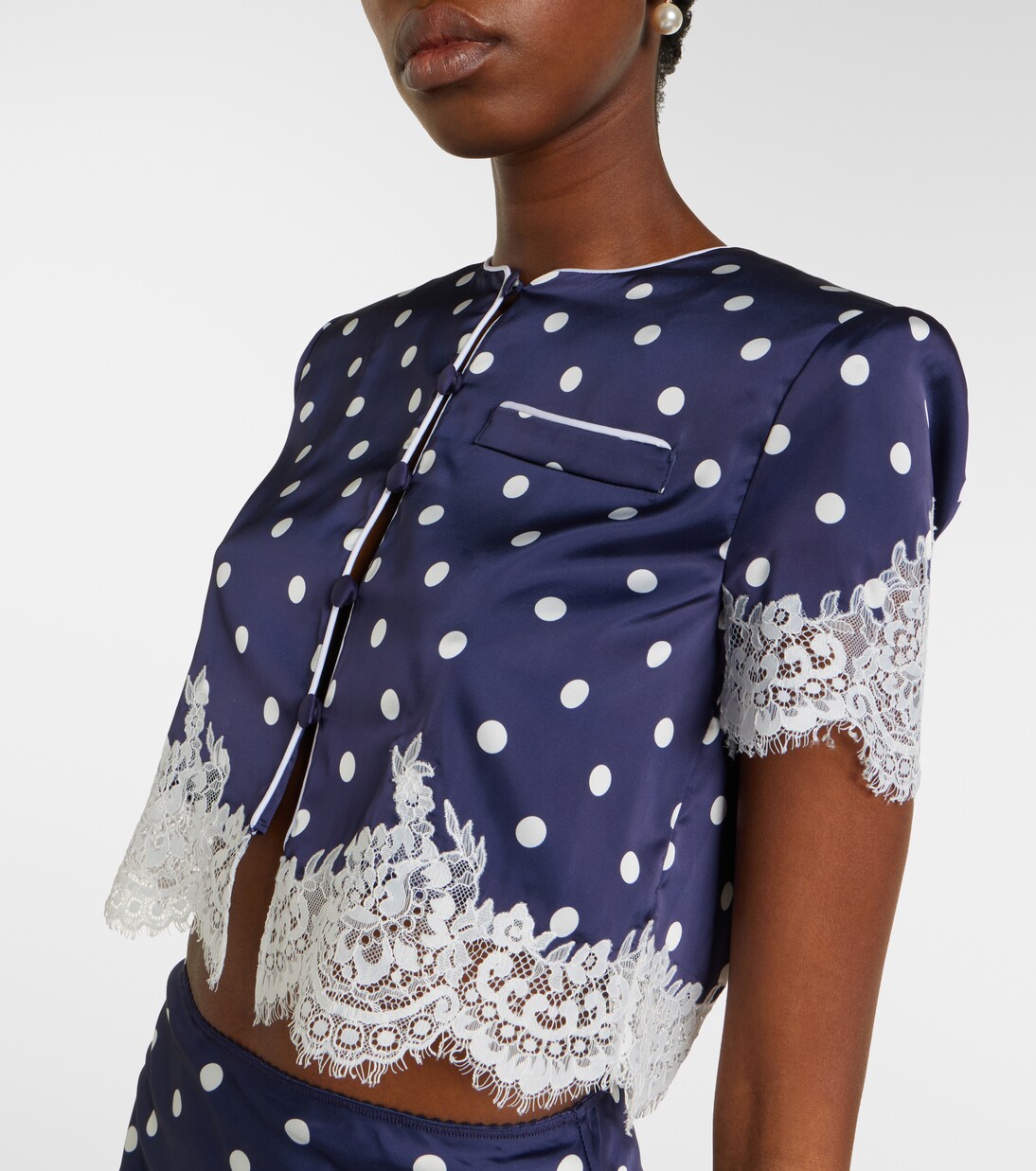Lace-trimmed polka-dot satin crop top | Self-Portrait