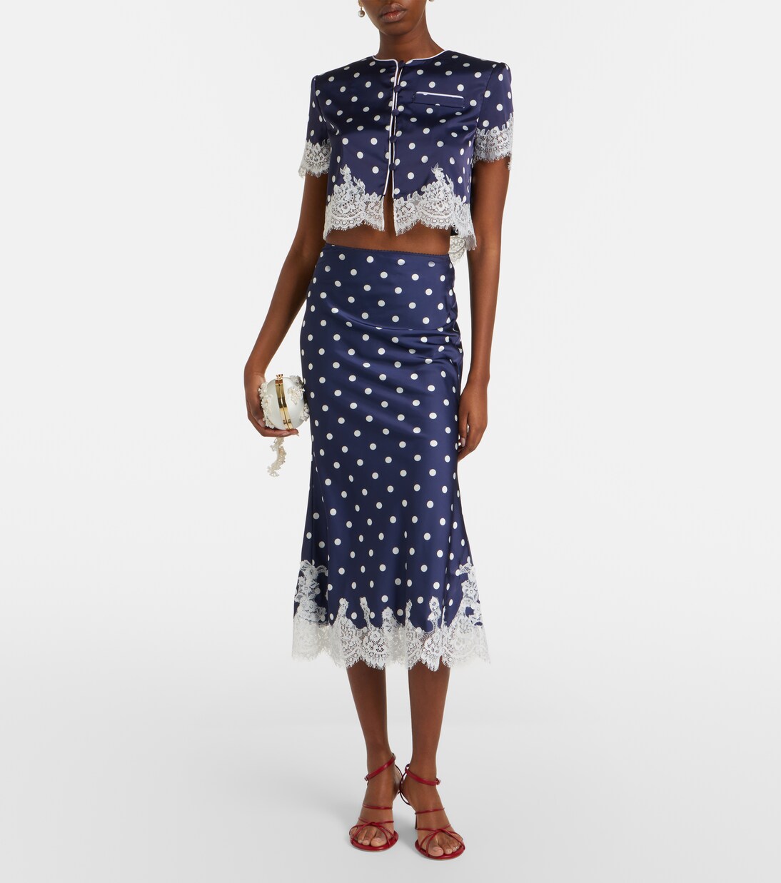 Lace-trimmed polka-dot satin crop top | Self-Portrait