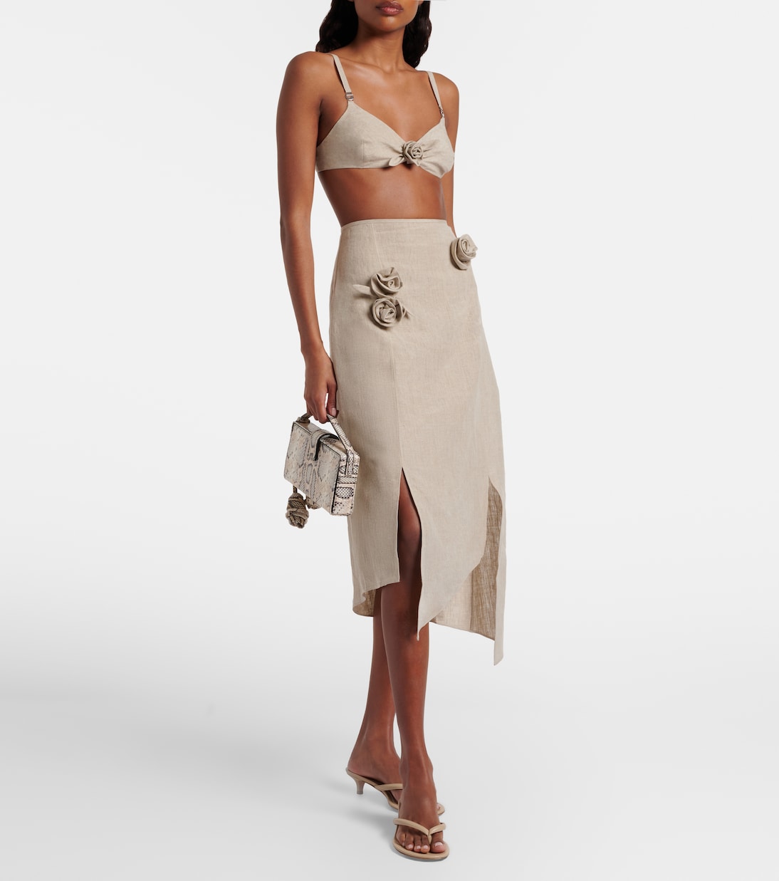 Floral-appliqué asymmetric linen midi skirt | Coperni