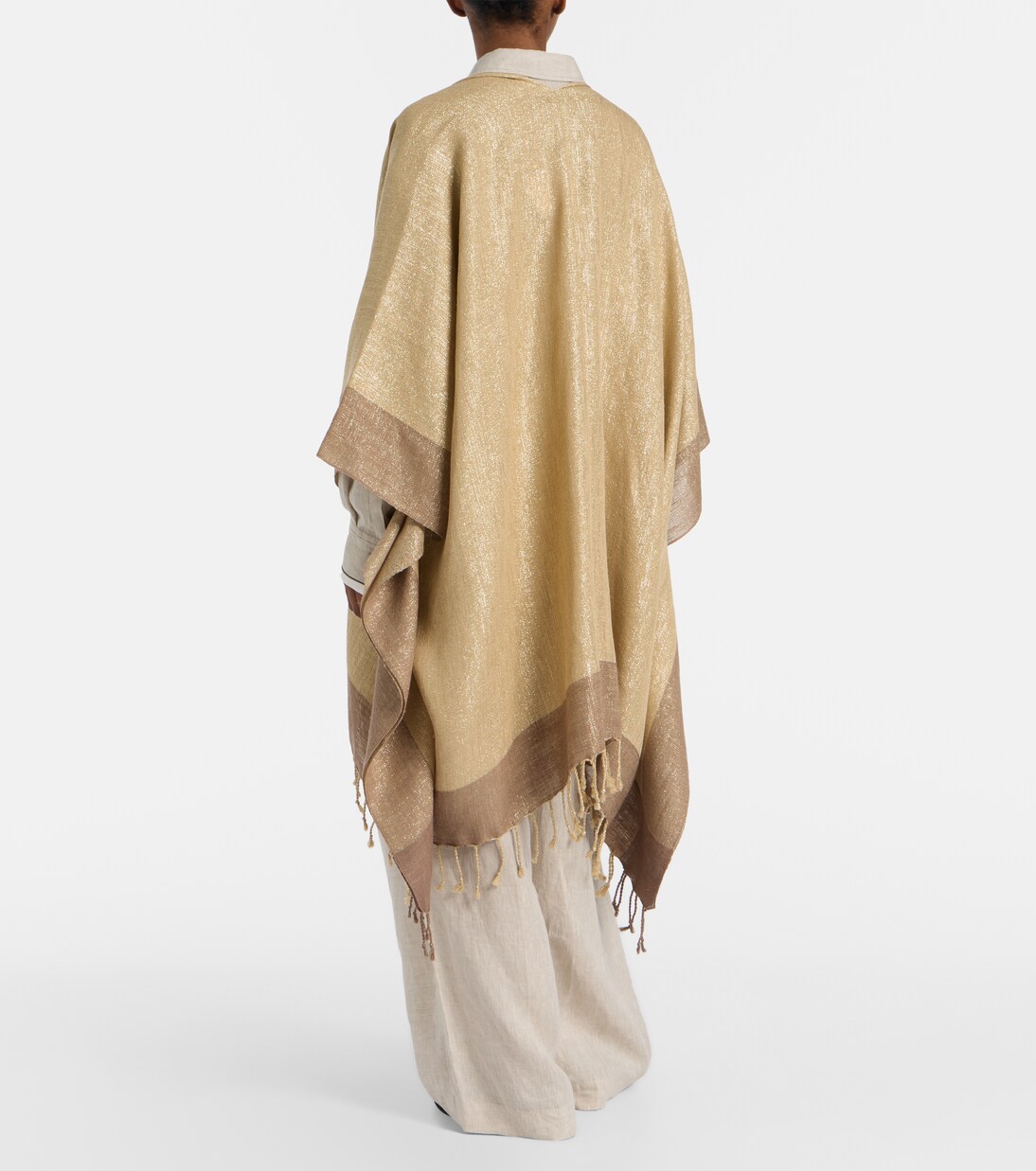 Fringed linen-blend lamé poncho | Brunello Cucinelli