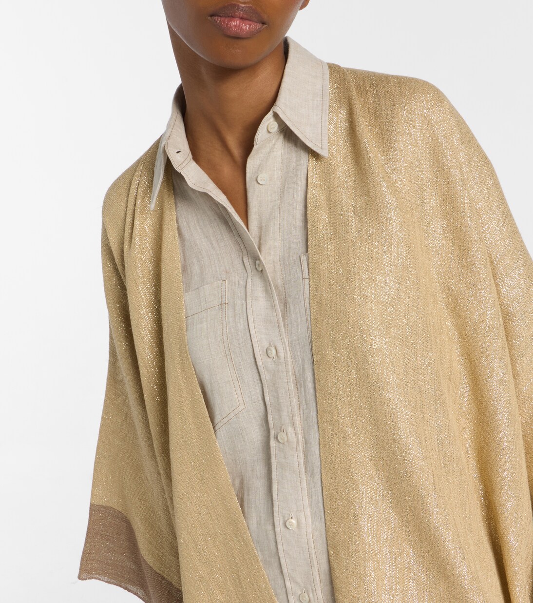 Fringed linen-blend lamé poncho | Brunello Cucinelli